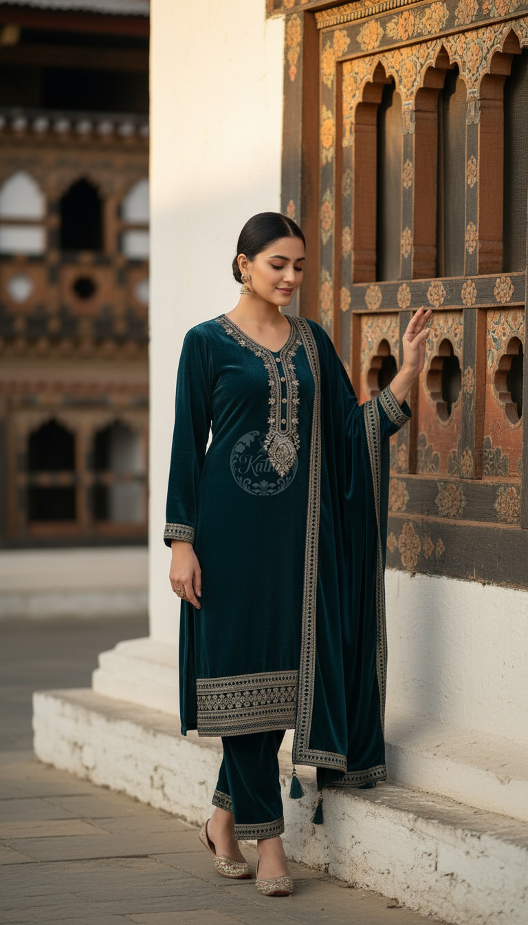 Teal Velvet Zari Embroidered Salwar Suit