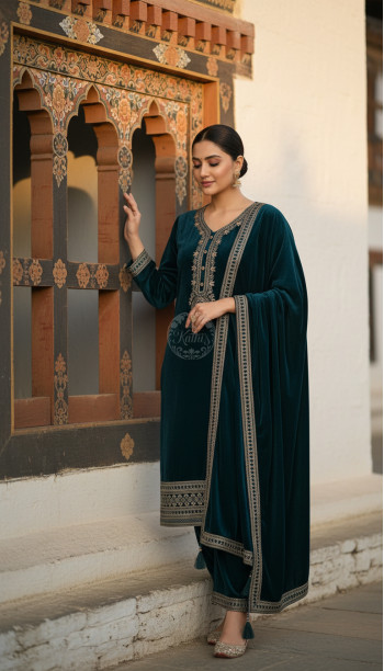 Teal Velvet Zari Embroidered Salwar Suit