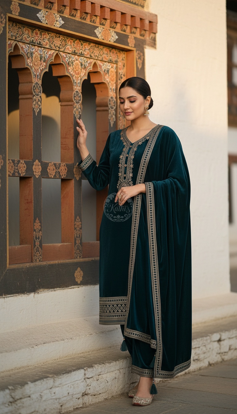 Teal Velvet Zari Embroidered Salwar Suit