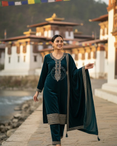 Teal Velvet Zari Embroidered Salwar Suit