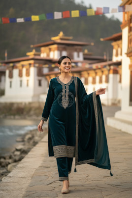 Teal Velvet Zari Embroidered Salwar Suit