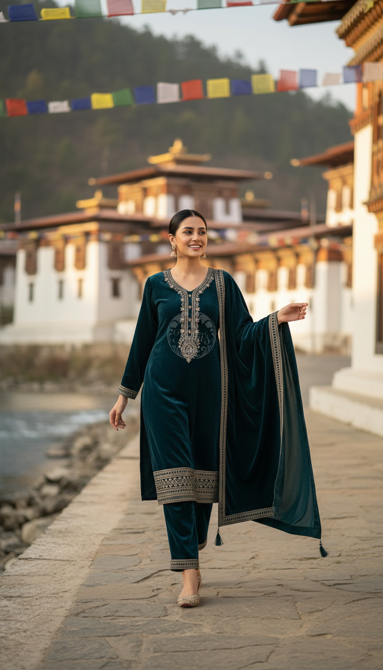 Teal Velvet Zari Embroidered Salwar Suit