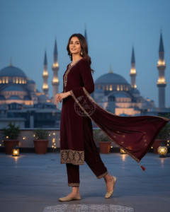 Wine Velvet Embroidered Suit Set With Sequins