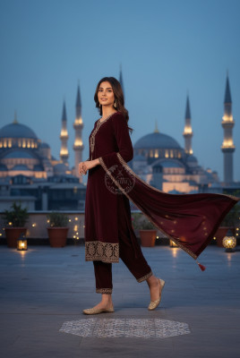 Wine Velvet Embroidered Suit Set With Sequins