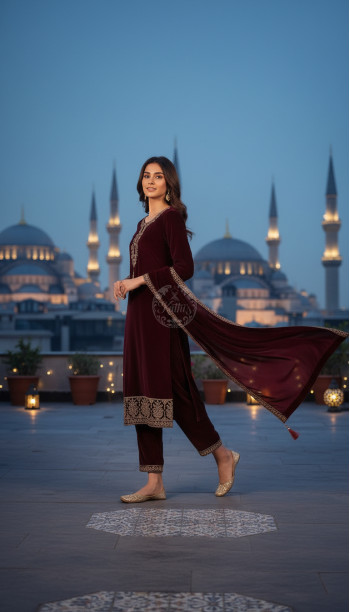 Wine Velvet Embroidered Suit Set With Sequins