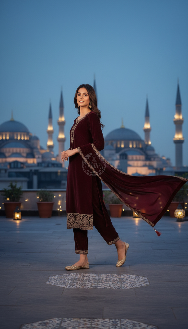 Wine Velvet Embroidered Suit Set With Sequins