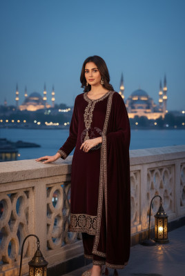 Wine Velvet Embroidered Suit Set With Sequins
