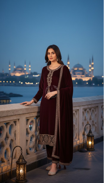 Wine Velvet Embroidered Suit Set With Sequins