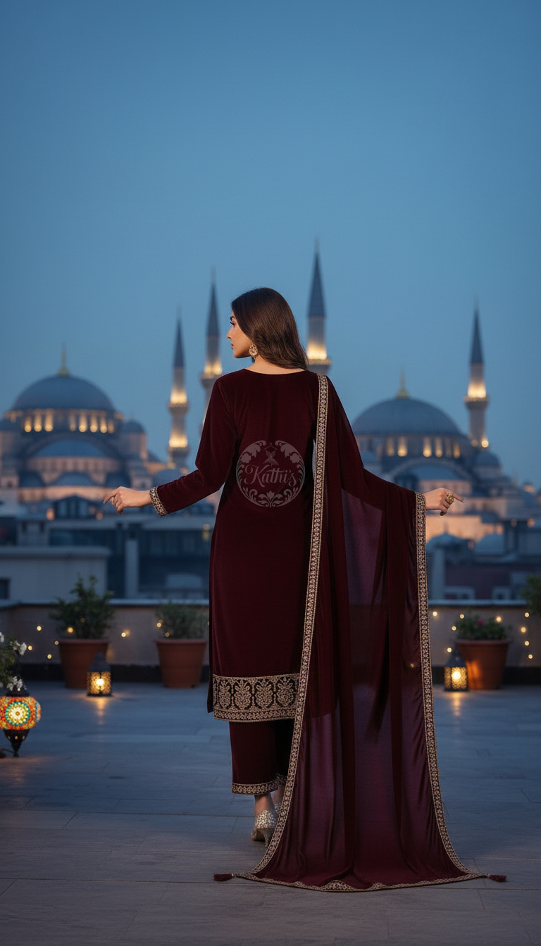 Wine Velvet Embroidered Suit Set With Sequins