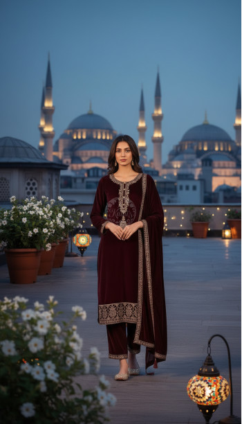 Wine Velvet Embroidered Suit Set With Sequins