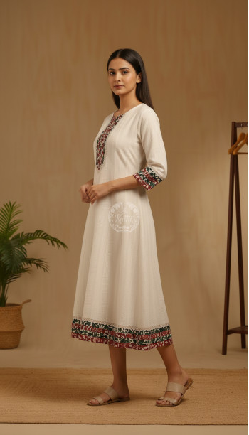 Off White Cotton Woven Designs Dress