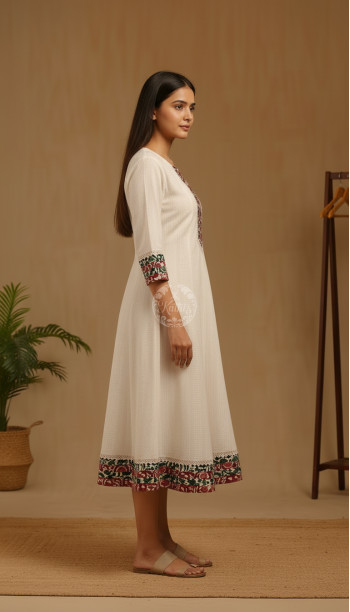 Off White Cotton Woven Designs Dress