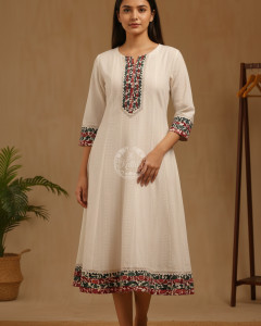 Off White Cotton Woven Designs Dress