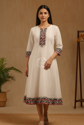 Off White Cotton Woven Designs Dress