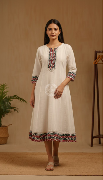 Off White Cotton Woven Designs Dress