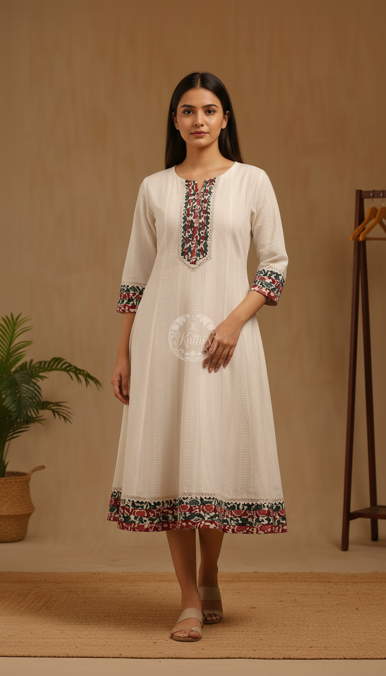 Off White Cotton Woven Designs Dress