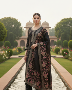 Grey Chinon Floral Print Suit Set With Thread Work