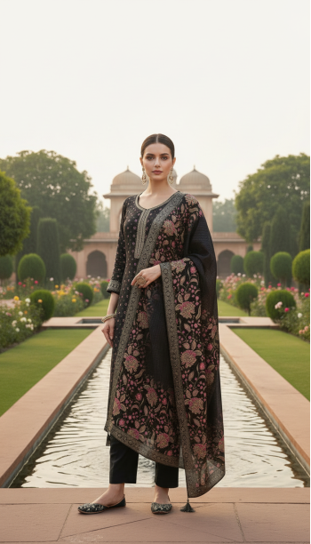 Grey Chinon Floral Print Suit Set With Thread Work