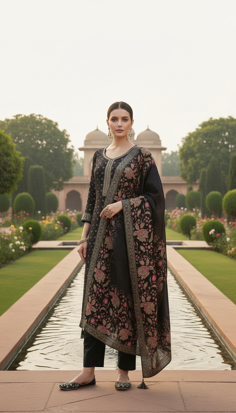 Grey Chinon Floral Print Suit Set With Thread Work