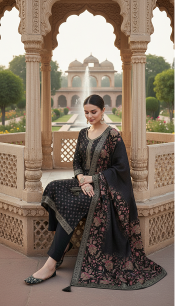 Grey Chinon Floral Print Suit Set With Thread Work