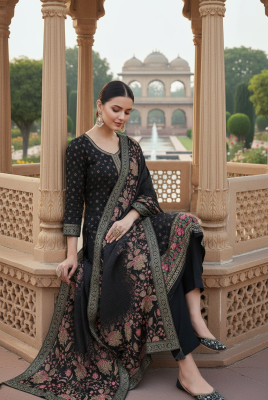 Grey Chinon Floral Print Suit Set With Thread Work