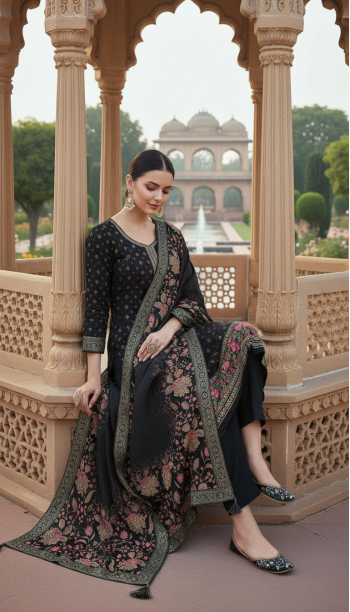 Grey Chinon Floral Print Suit Set With Thread Work