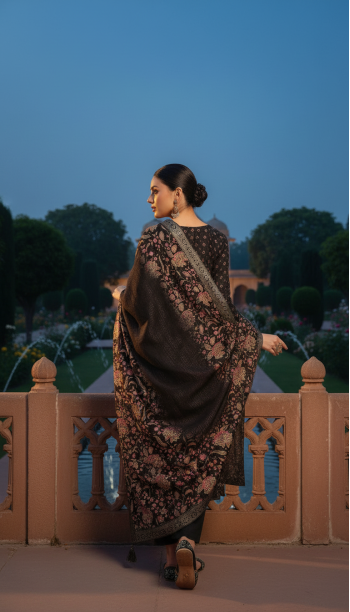 Grey Chinon Floral Print Suit Set With Thread Work