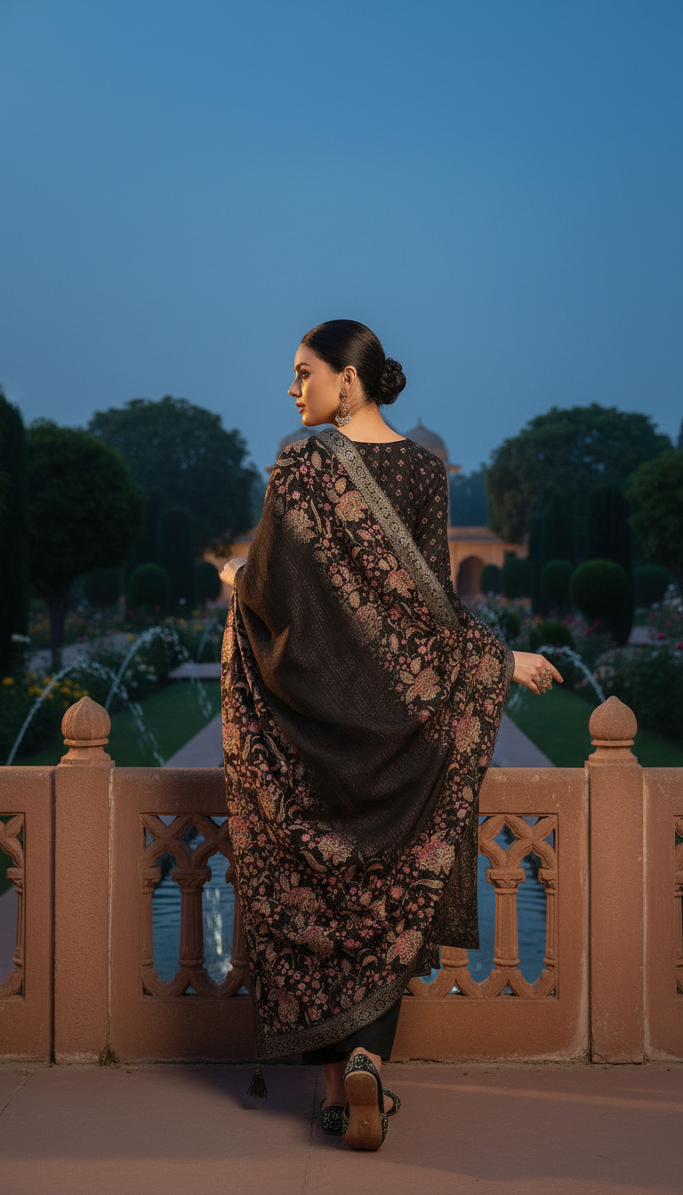 Grey Chinon Floral Print Suit Set With Thread Work