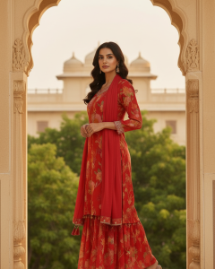 Red Chinon Floral Print Suit Set With Thread Work
