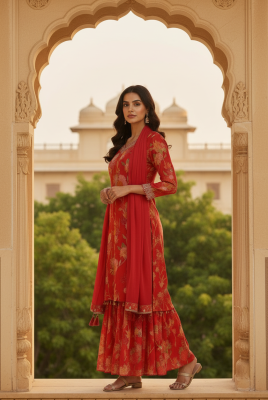 Red Chinon Floral Print Suit Set With Thread Work