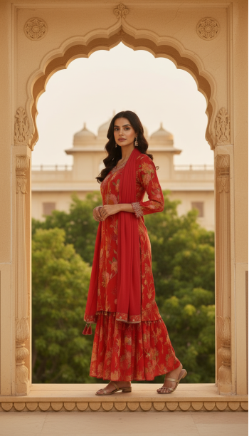 Red Chinon Floral Print Suit Set With Thread Work