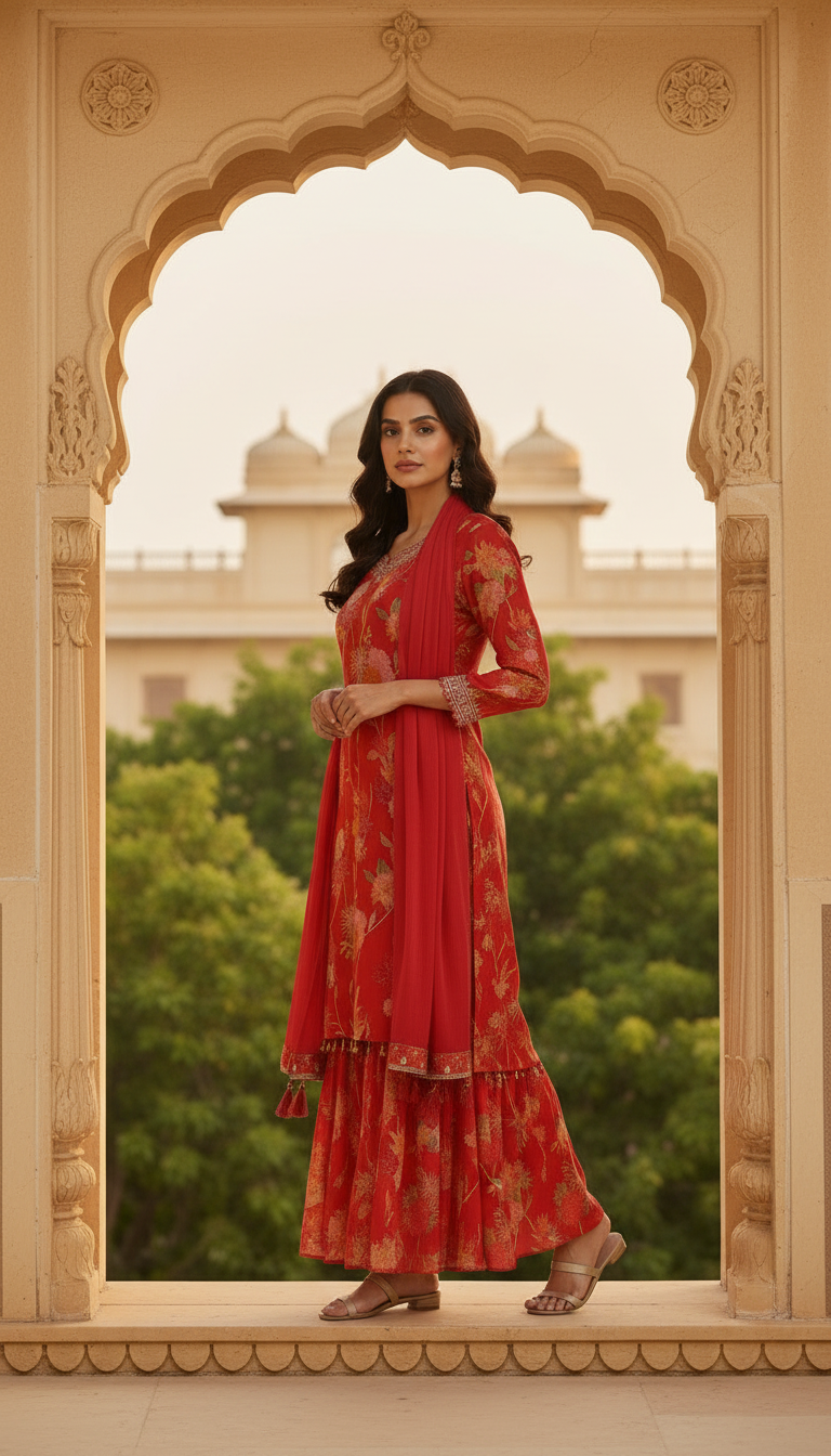 Red Chinon Floral Print Suit Set With Thread Work