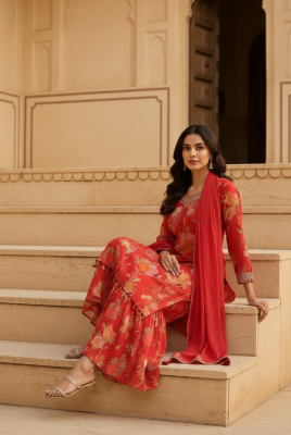 Red Chinon Floral Print Suit Set With Thread Work