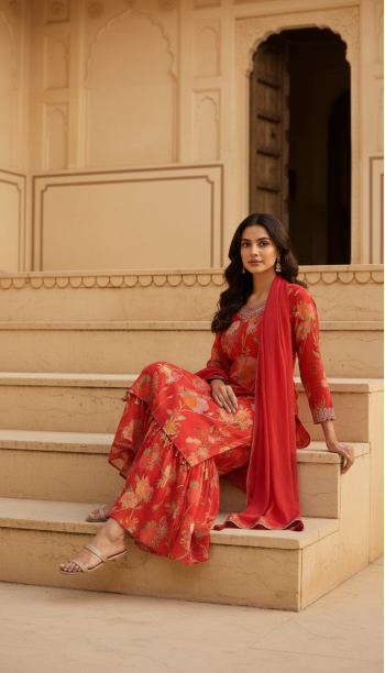 Red Chinon Floral Print Suit Set With Thread Work