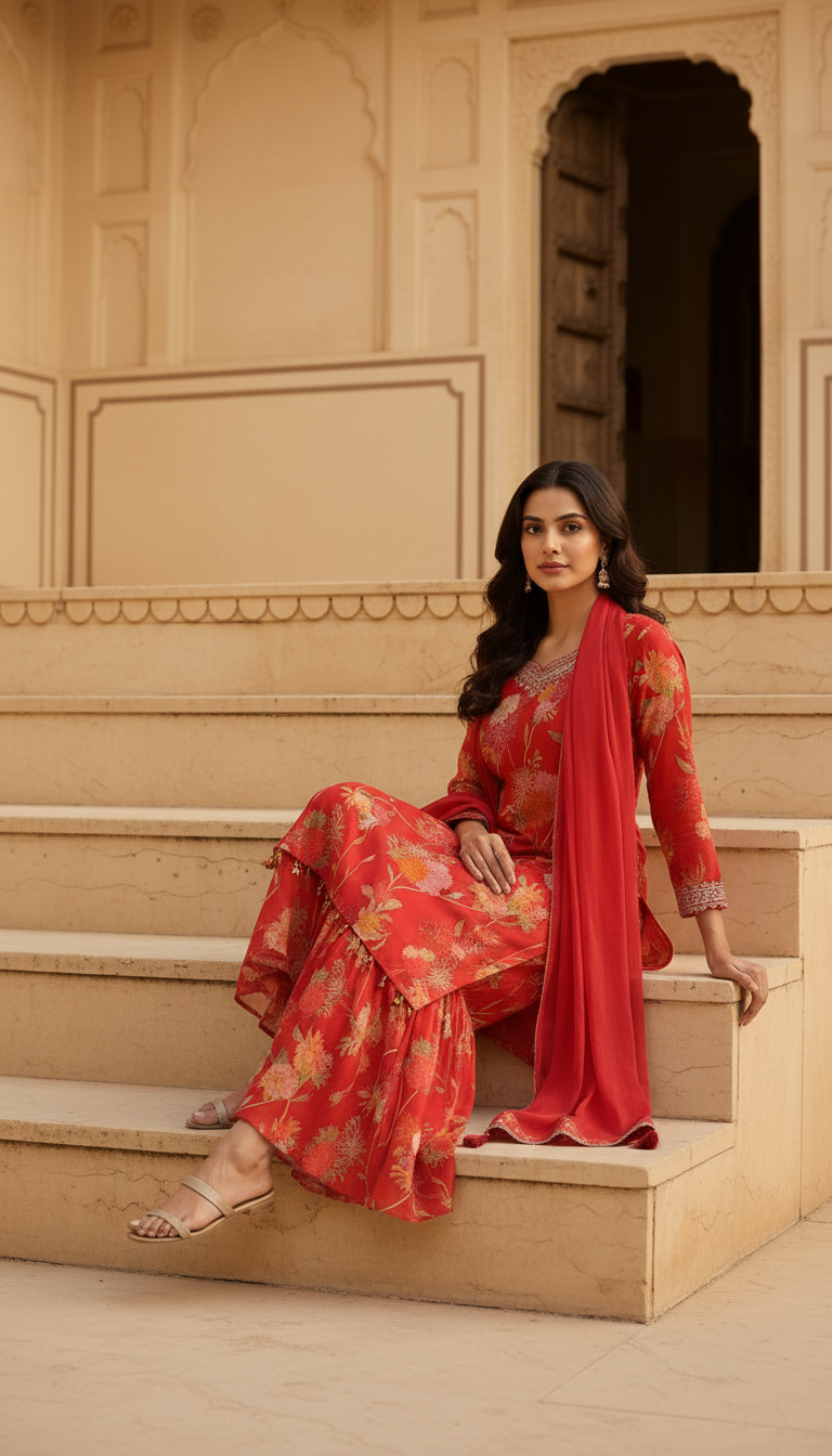 Red Chinon Floral Print Suit Set With Thread Work
