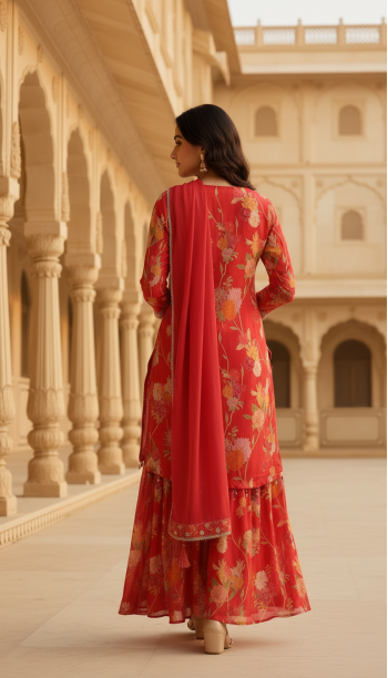 Red Chinon Floral Print Suit Set With Thread Work