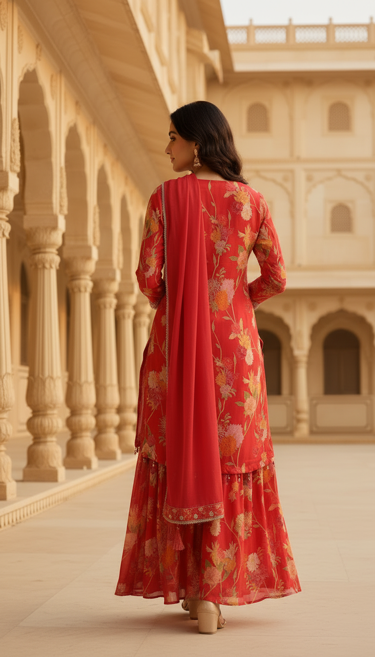 Red Chinon Floral Print Suit Set With Thread Work