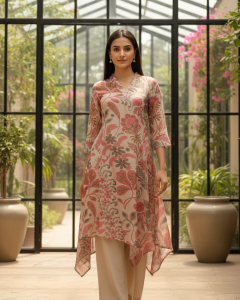 Black Dola Silk Floral Print Suit Set With Cutdana