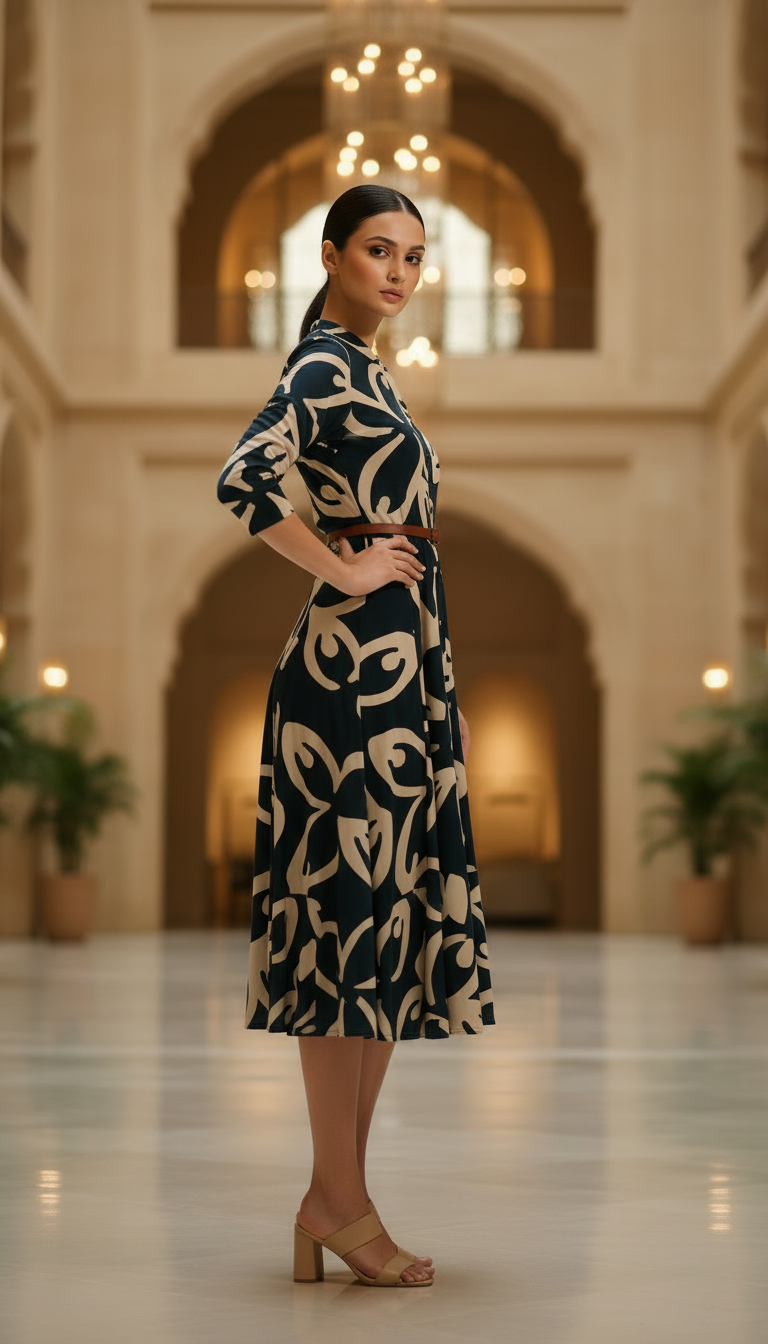 Teal Blue Rayon Abstract Print Dress