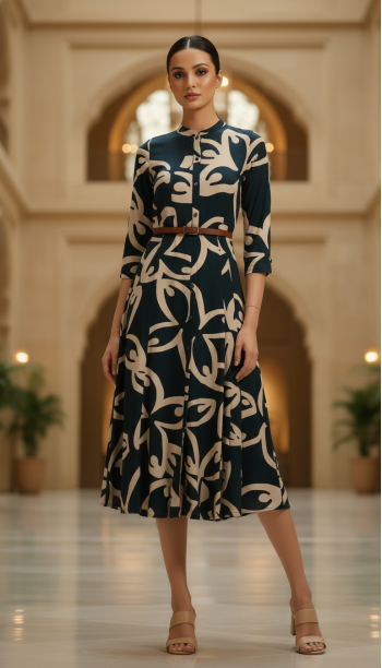 Teal Blue Rayon Abstract Print Dress