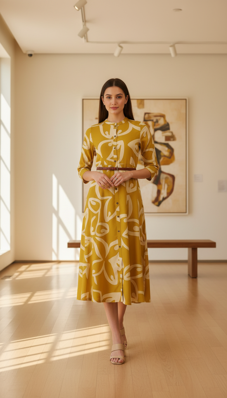 Olive Rayon Abstract Print Dress