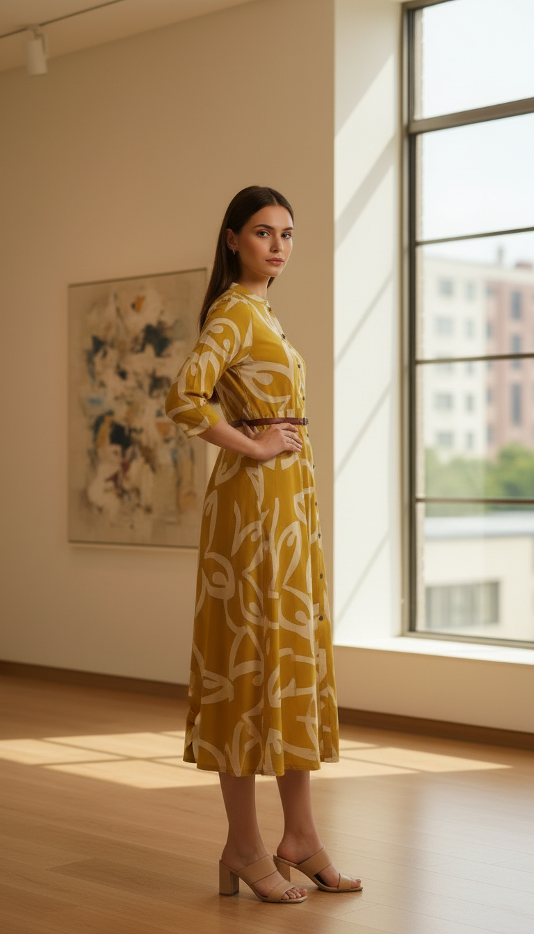 Olive Rayon Abstract Print Dress