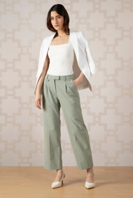 Women Green Solid Formal Contemporary Fit Trousers
