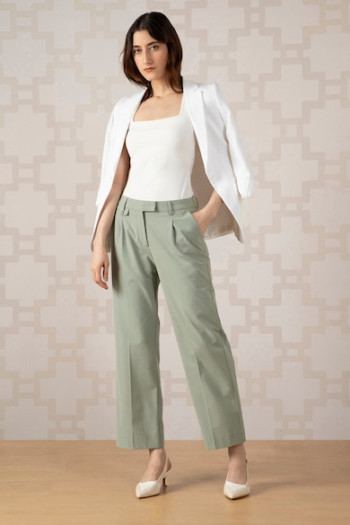 Women Green Solid Formal Contemporary Fit Trousers