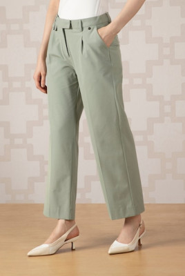 Women Green Solid Formal Contemporary Fit Trousers