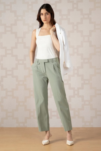 Women Green Solid Formal Contemporary Fit Trousers