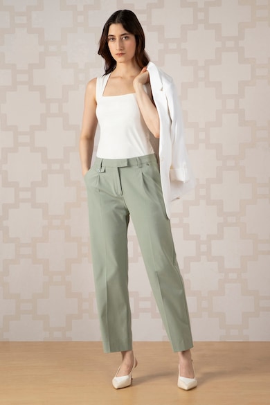 Women Green Solid Formal Contemporary Fit Trousers