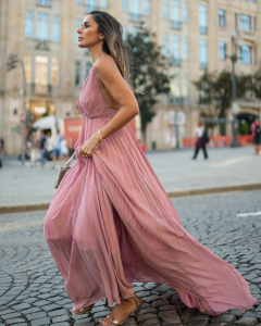 Long Pleated Dress with a Plunging Neckline in Pink
