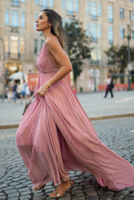 Long Pleated Dress with a Plunging Neckline in Pink