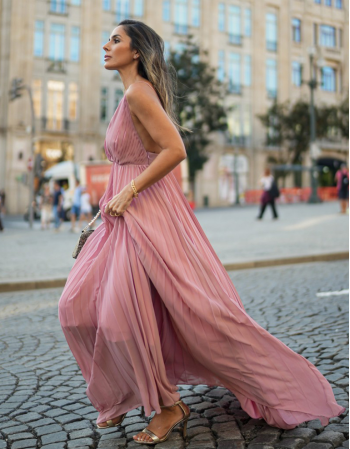 Long Pleated Dress with a Plunging Neckline in Pink